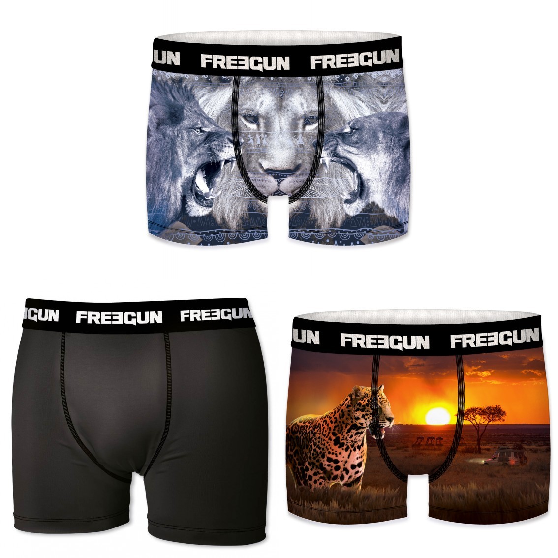 Sort Pack Microfiber Boxershorts Løve Leopard Freegun - Freegun Mikrofiber