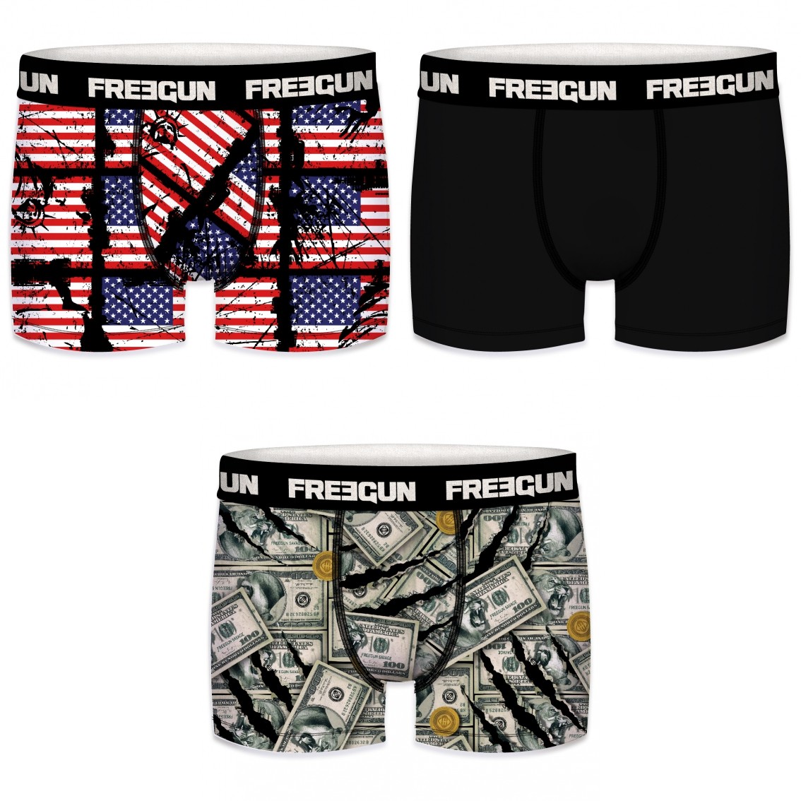 Sort Pack Microfiber Boxershorts Usa Dollar Mønster Freegun - Freegun Mikrofiber