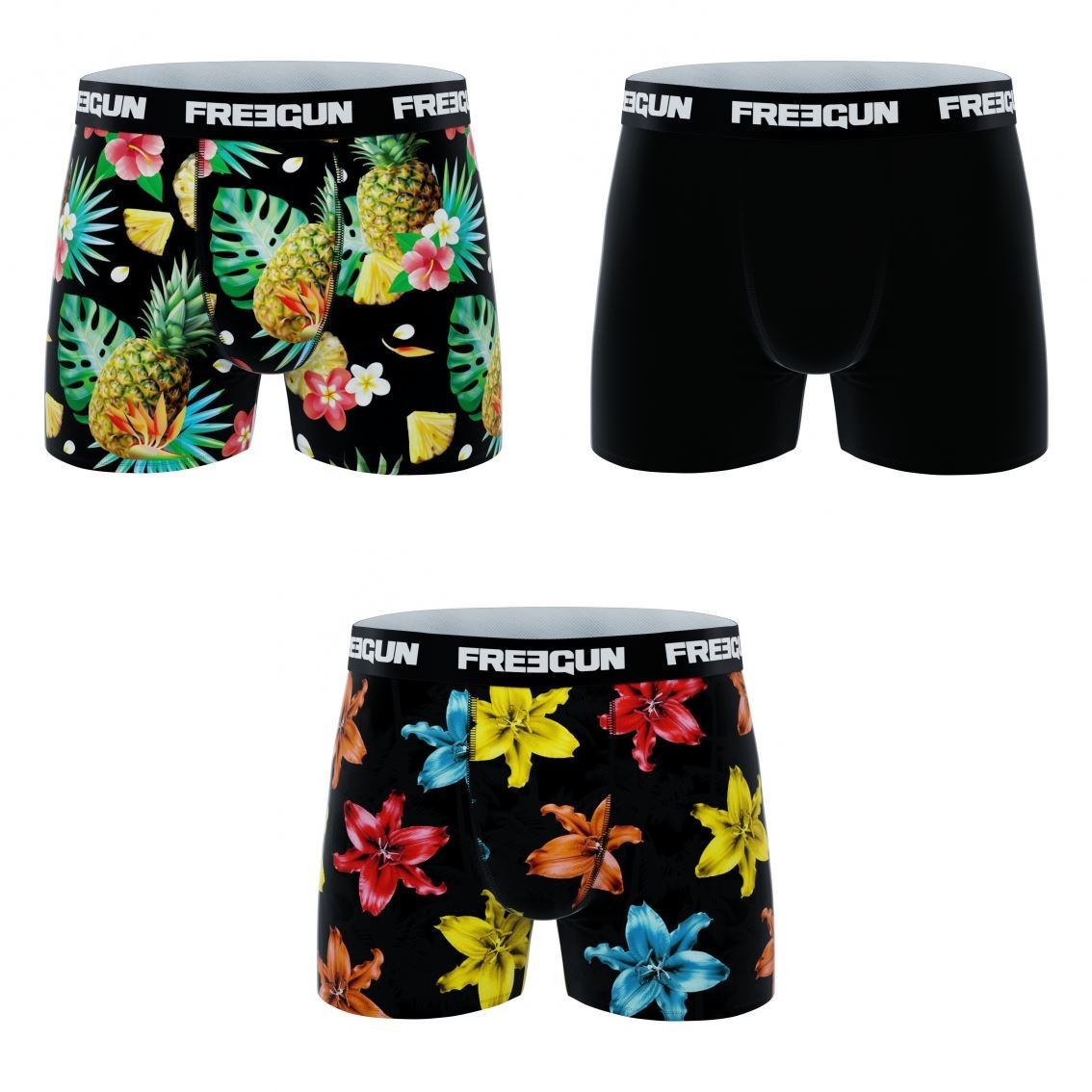 Sort Pack Microfiber Boxershorts Vilde Blomster Mønster Freegun - Freegun Mikrofiber